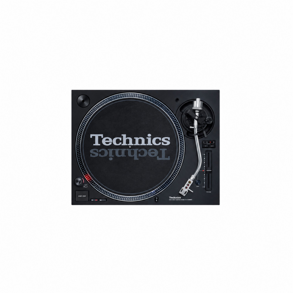 Technics SL-1210MKX felülnézetből, ezüstszínű S hangkarral és a pitch fader feletti tartományválasztóval