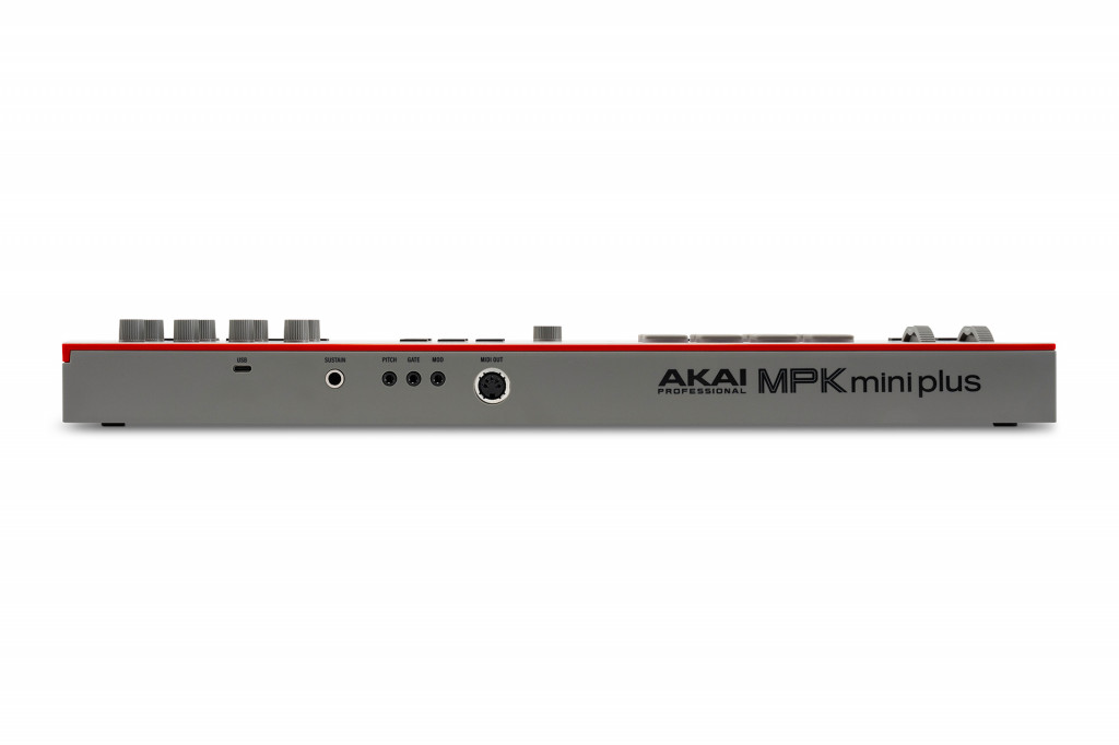 Az Akai MPK mini plus II hátlapja USB-C, sustain, Pitch, Gate, Mod és MIDI Out csatlakozókkal